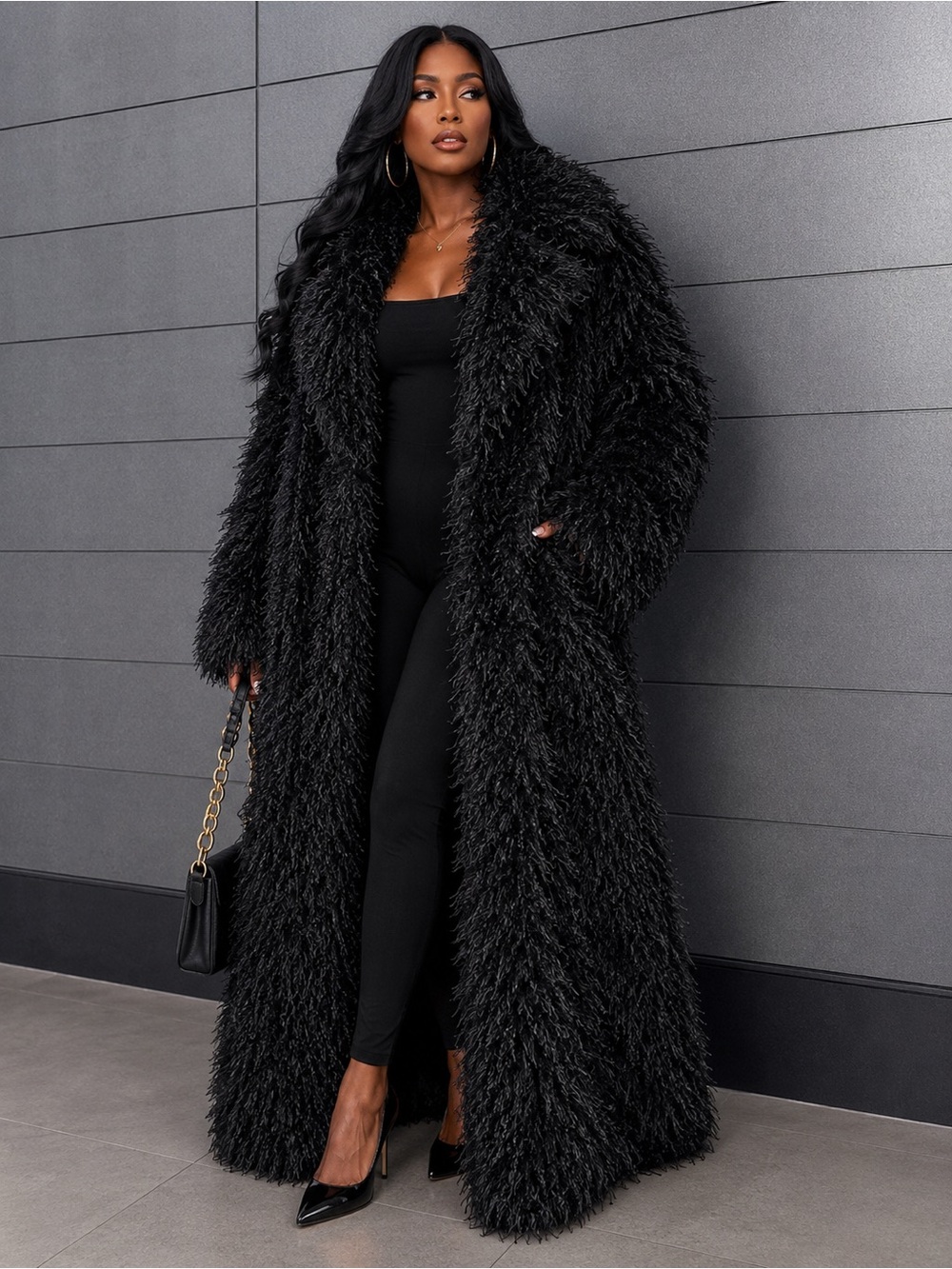 Black Luxe Shaggy Long Coat